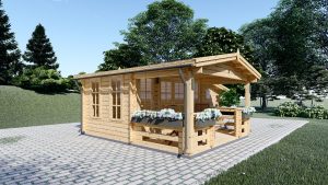 Drevený záhradný domček s terasou ISLA 6m x 5m , 18 m² + 7 m² (44 mm)