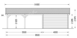 Drevená garáž s dvojitým prístreškom pre auto MULTI 9.5m x 6m (44mm)