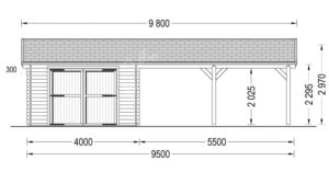 Drevená garáž MULTI (44 mm) 4x6 m s dvojitým prístreškom 5,5x6 m